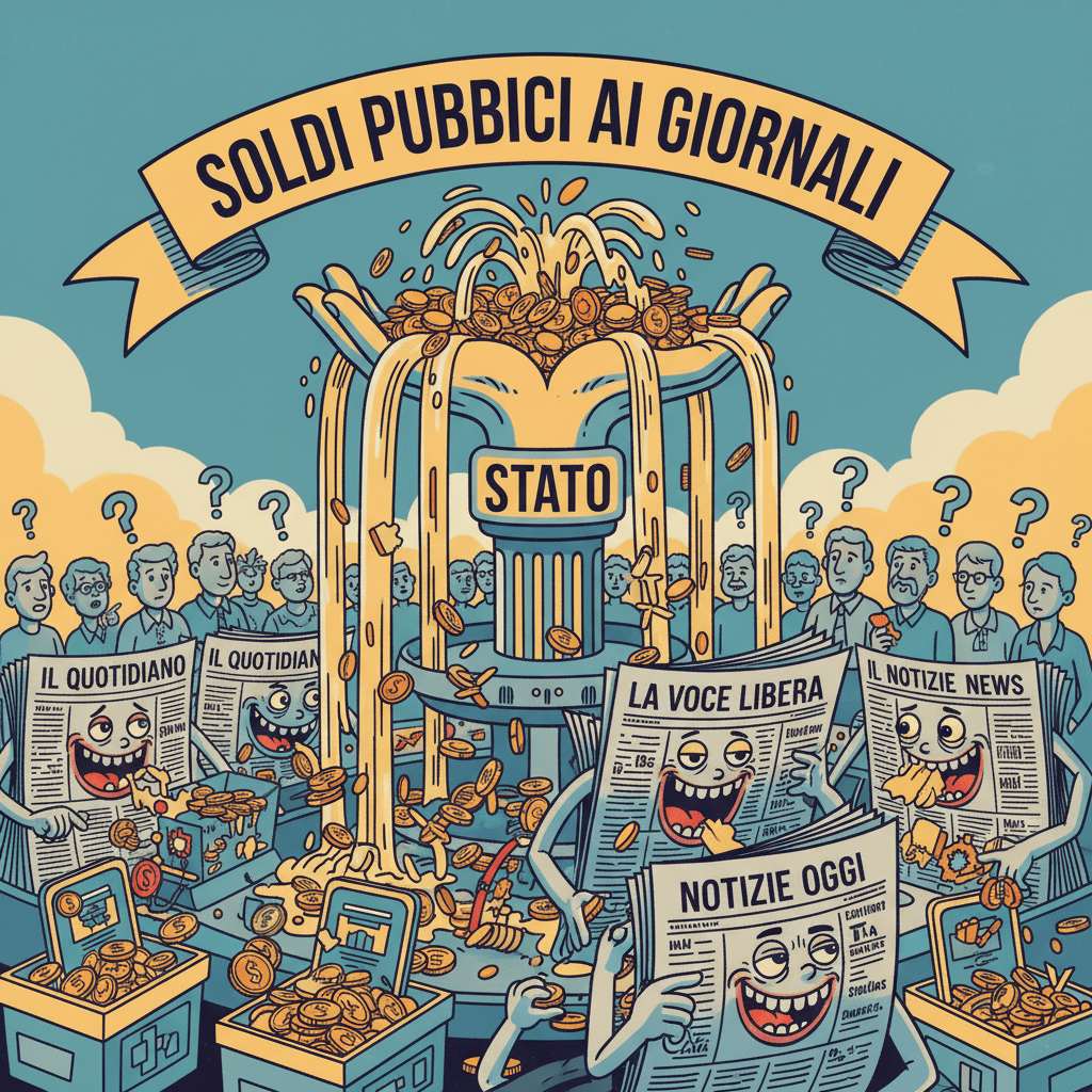 Satirical illustration titled 'SOLDI PUBBLICI AI GIORNALI' showing a fountain labeled 'STATO' pouring coins to newspapers.