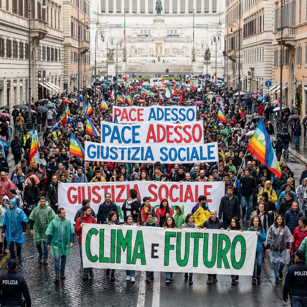 Protesters carry banners reading PACE ADESSO, PACE ADESSO, GIUSTIZIA SOCIALE, GIUSTIZIA SOCIALE, CLIMA E FUTURO.