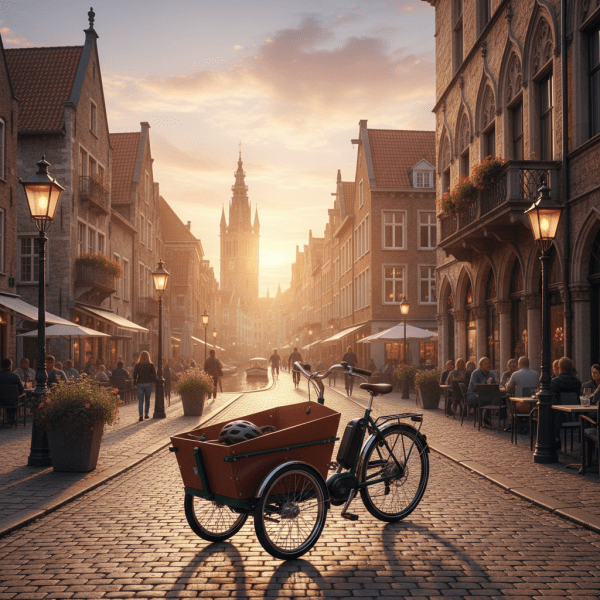 Electric cargo trike parked on a cobblestone street in a historic city at sunset.