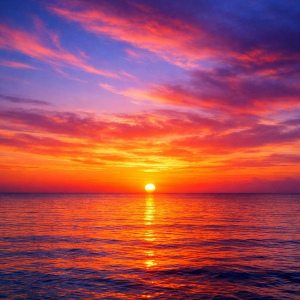 Bright sun setting over calm ocean waters with colorful sky