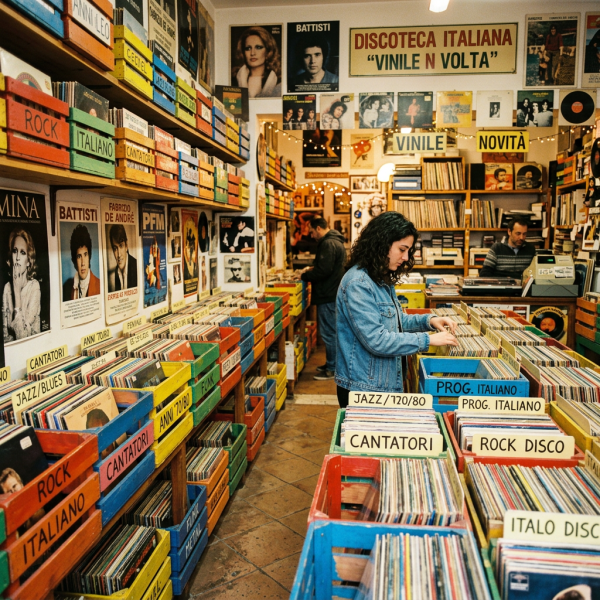 Woman looking through vinyl records in an Italian record store with colorful crates and posters