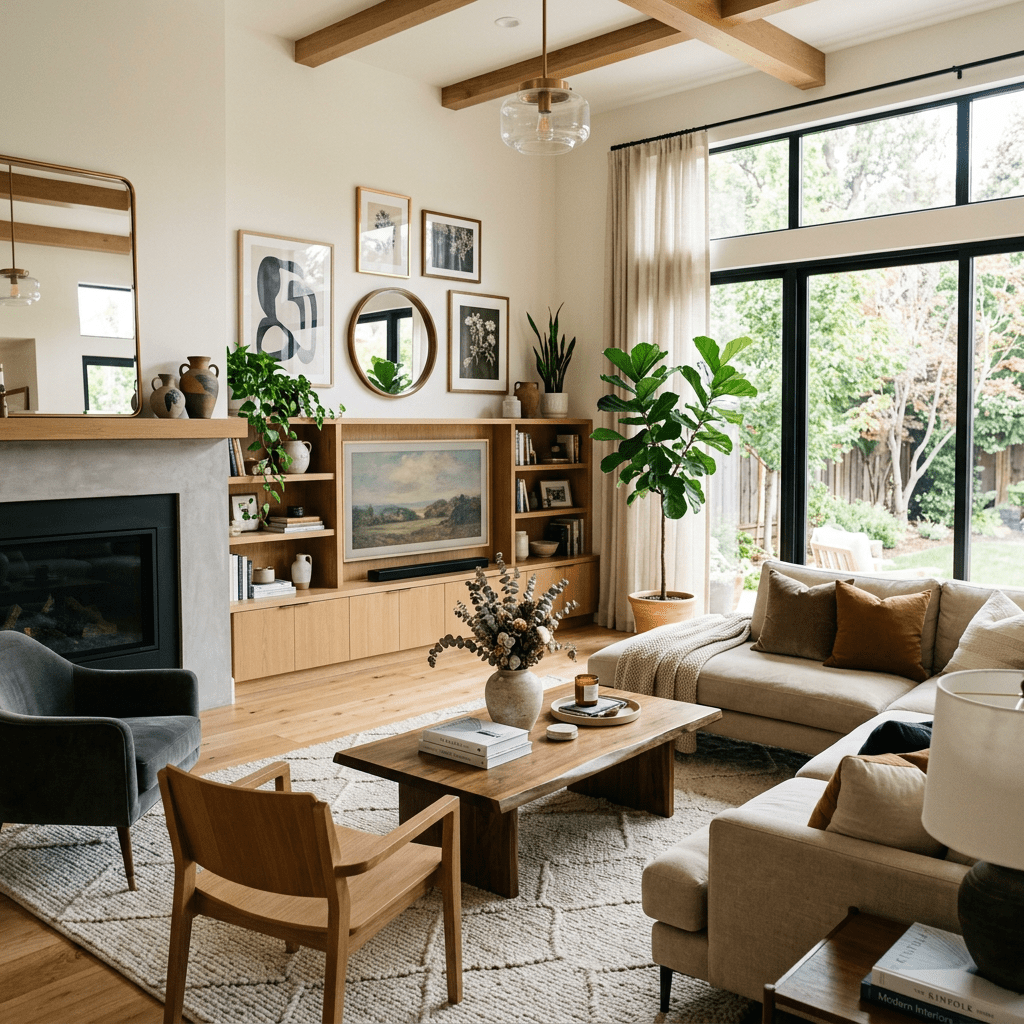 Living room with beige sofas, wooden chairs, coffee table, fireplace, plants, and large windows