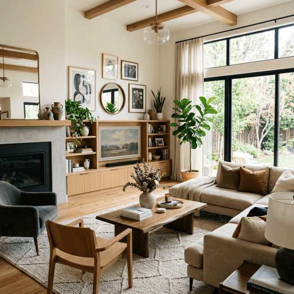 Living room with beige sofas, wooden chairs, coffee table, fireplace, plants, and large windows