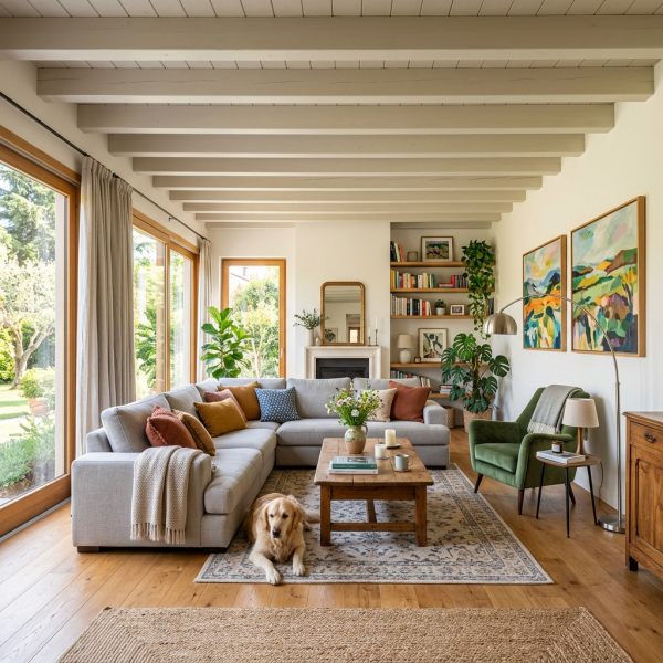 Spacious living room with beige sectional sofa, colorful cushions, wooden coffee table, green armchair, plants, and dog