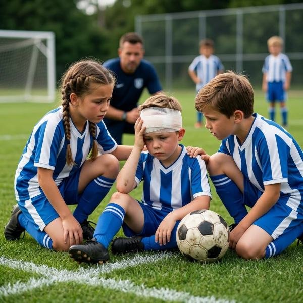 Young boy lying in hospital bed with head bandage and IV drip