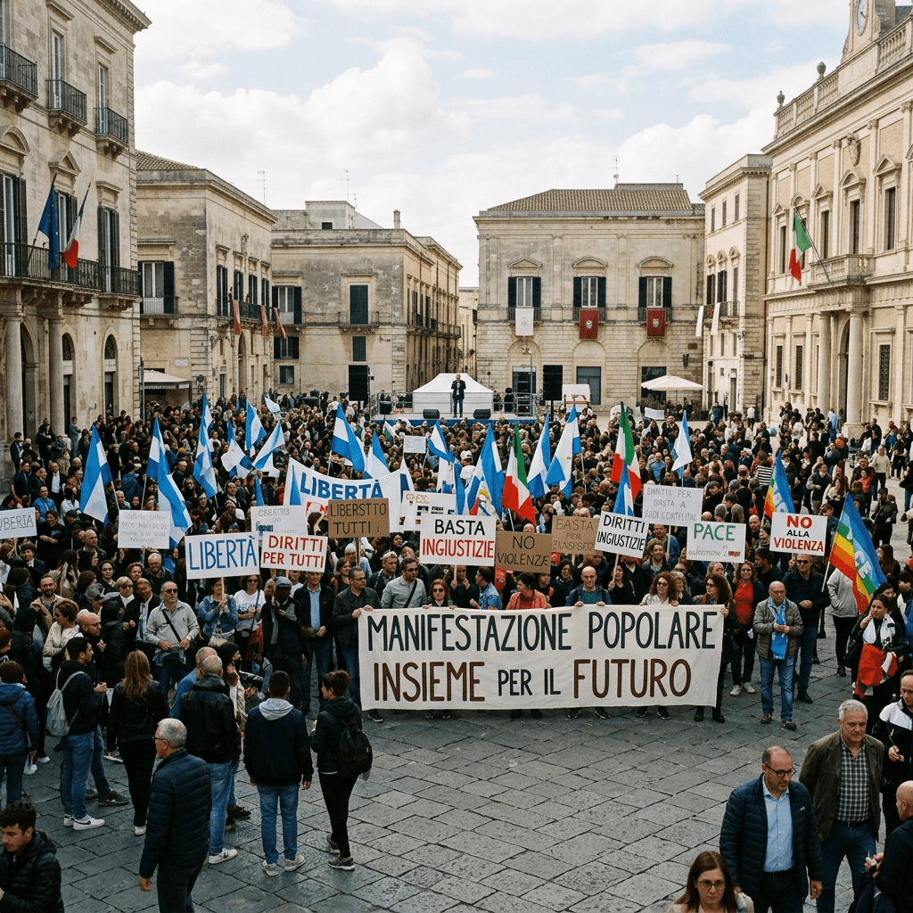 Large group of protesters holding banners and blue-and-white flags in an Italian town square
