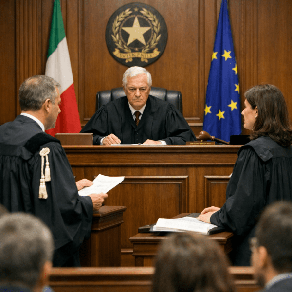 Judge seated behind bench listening to lawyers in courtroom with Italian and EU flags