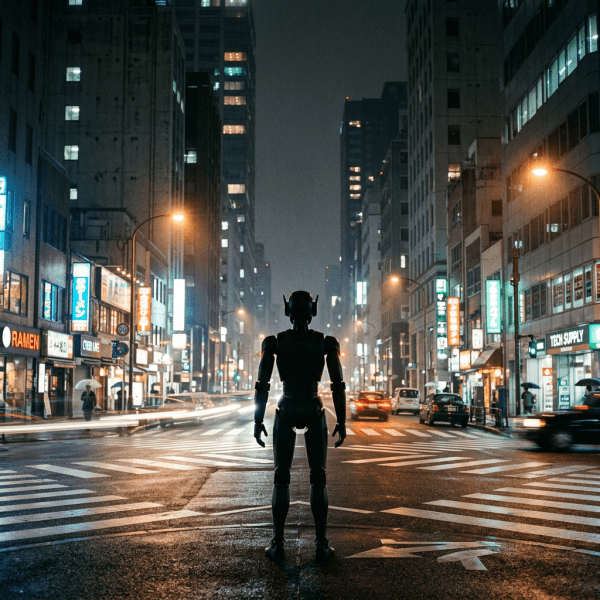 Robot standing at an urban intersection with city lights and moving vehicles at night