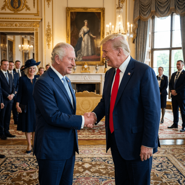 King Charles III and former President Donald Trump shaking hands in an ornate room