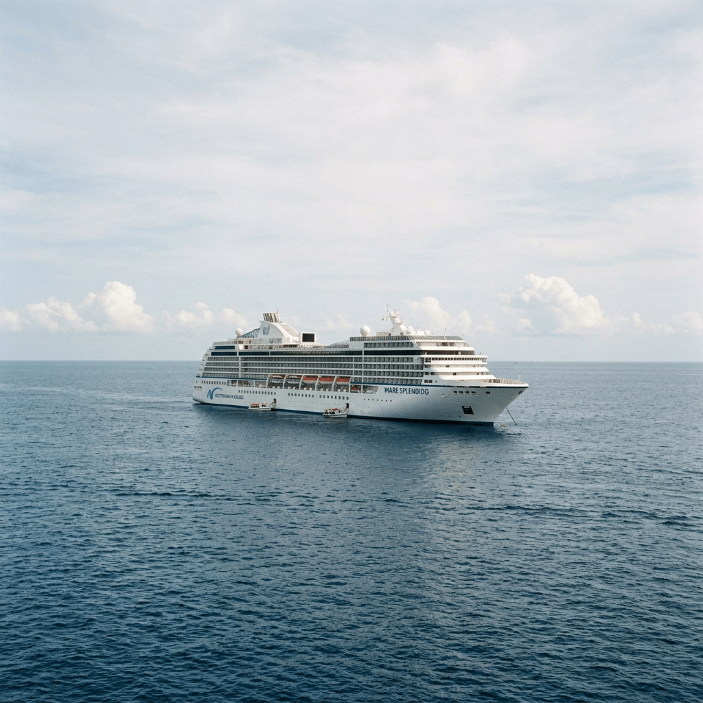 Large white cruise ship named Mare Splendid floating on calm open sea with a blue sky and scattered clouds