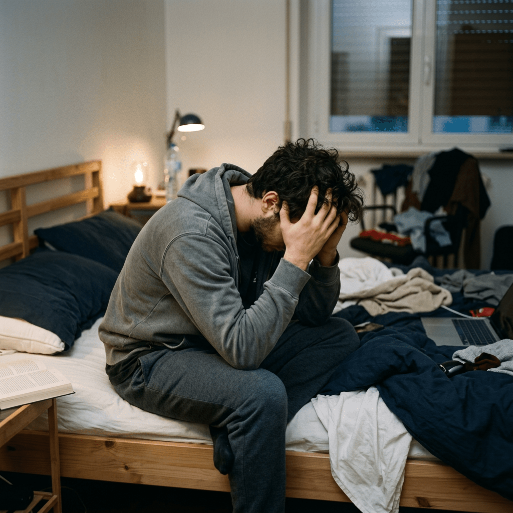 Man sitting on bed holding head in hands in a messy bedroom