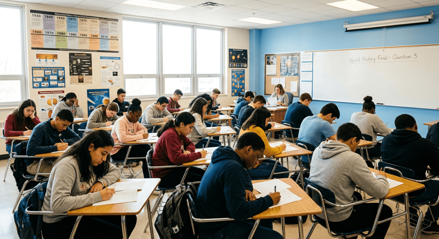 High school students sitting at desks taking a world history final exam