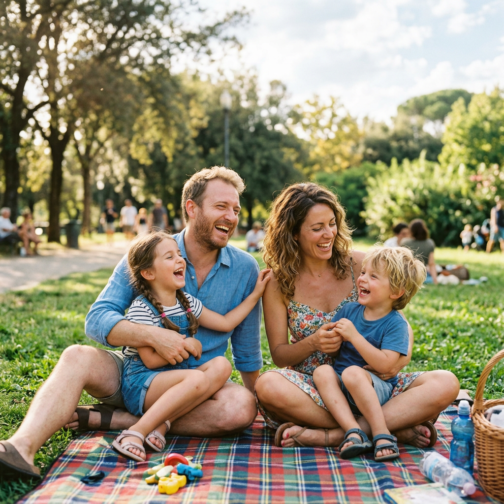 Family of four sitting on a picnic blanket in a park laughing and playing