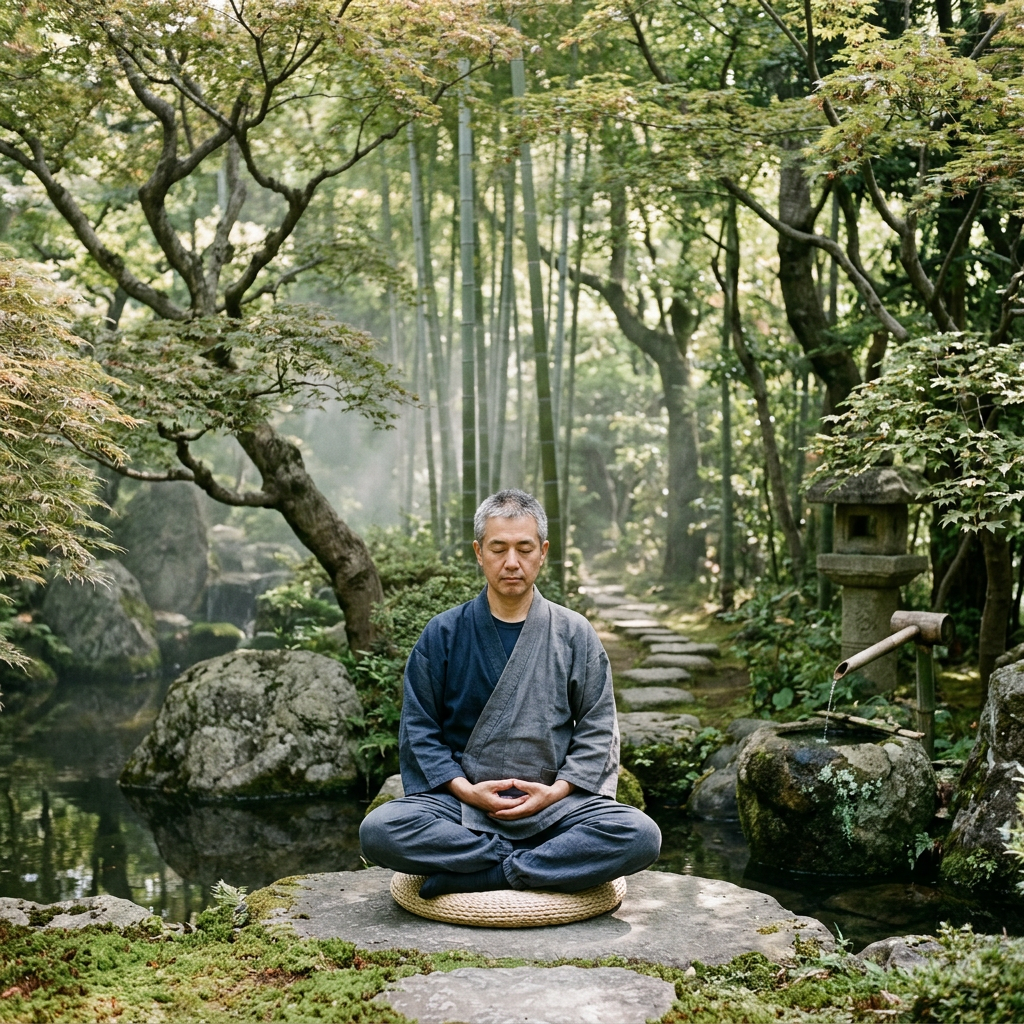 Man sitting cross-legged meditating on stone in tranquil Japanese garden