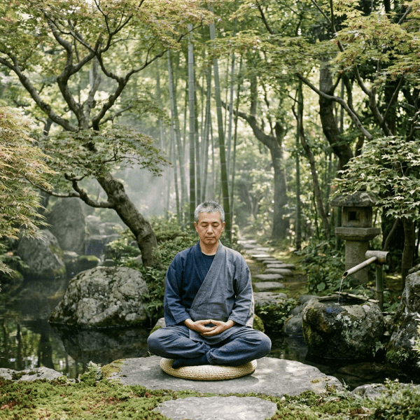 Man sitting cross-legged meditating on stone in tranquil Japanese garden