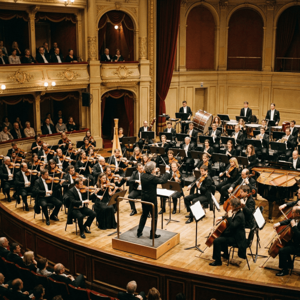 Orchestra with conductor playing string, brass, woodwind, and percussion instruments