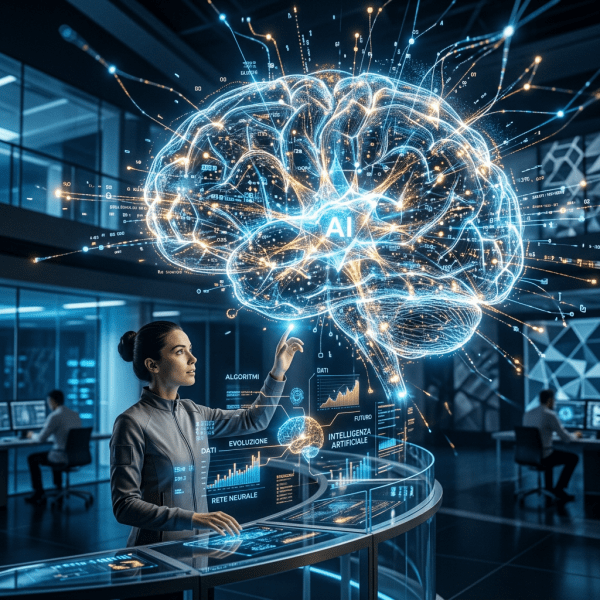 Scientist using holographic interface showing AI brain with neural networks and data charts