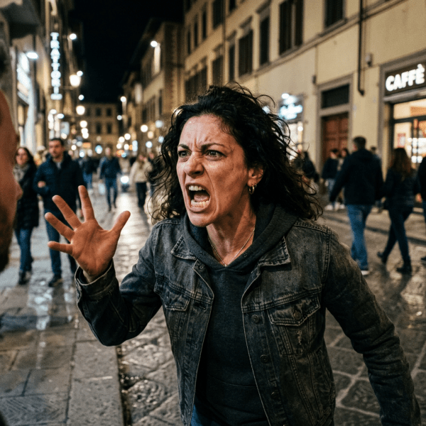 Angry woman yelling with raised hand on city street at night