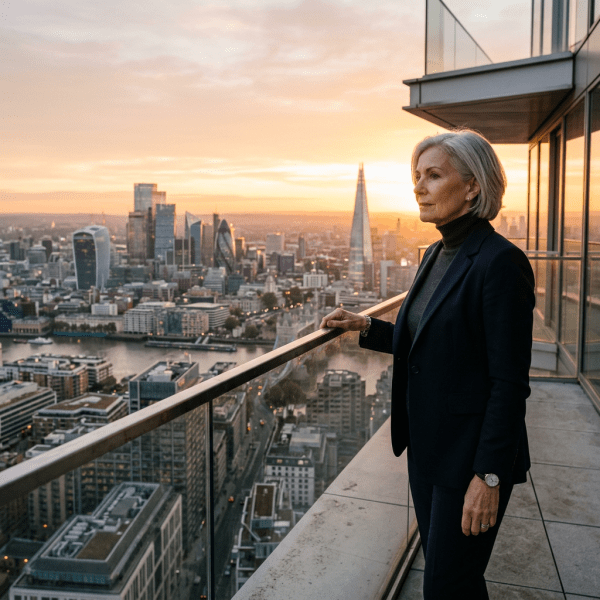 Woman in business attire looking over London cityscape at sunset from a high balcony