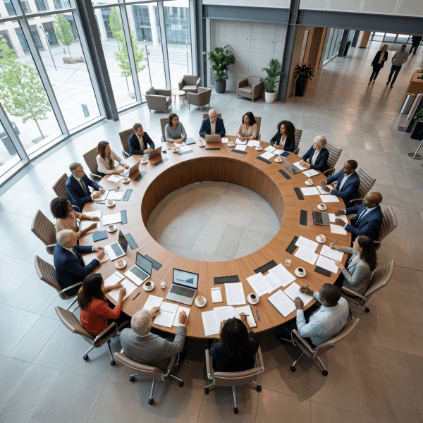 Diverse business team seated around circular table in modern office conference room