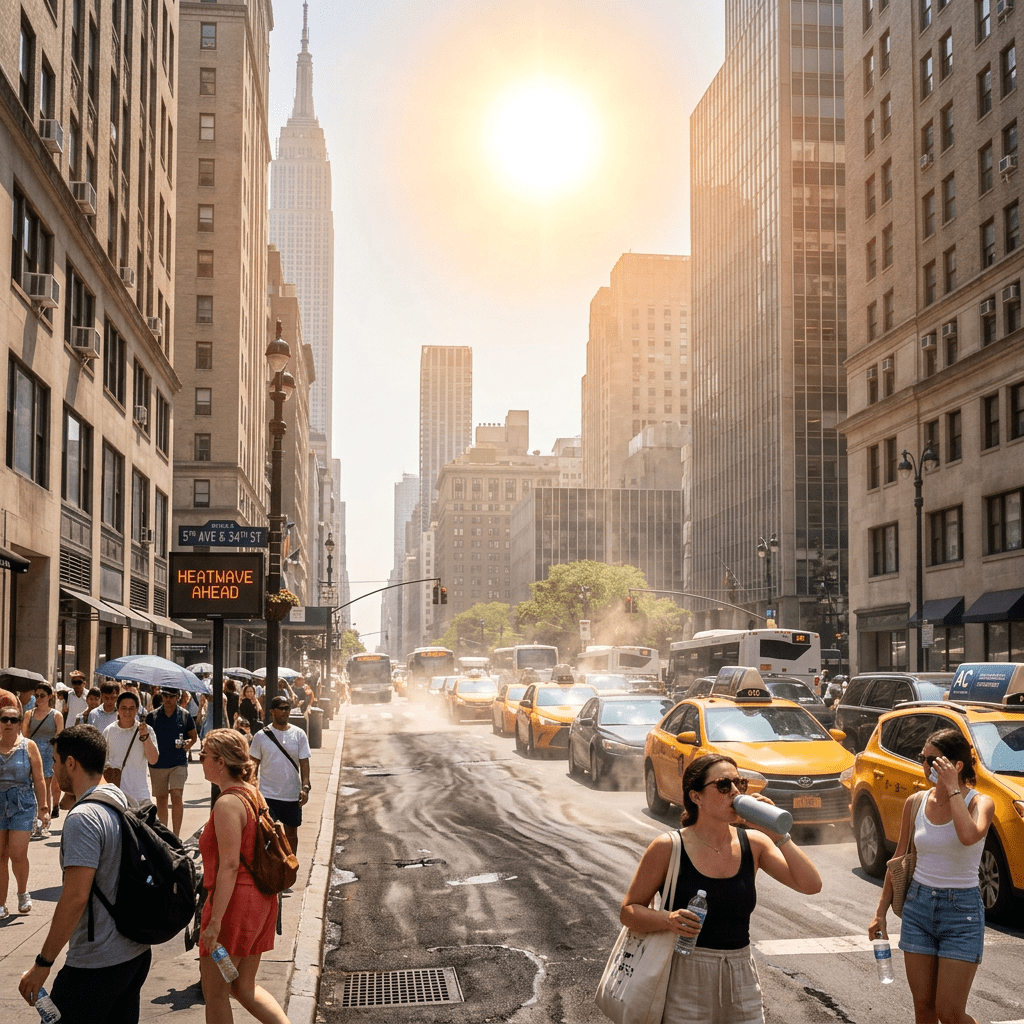 New York City street with pedestrians, yellow taxis, and sun warning sign during heatwave