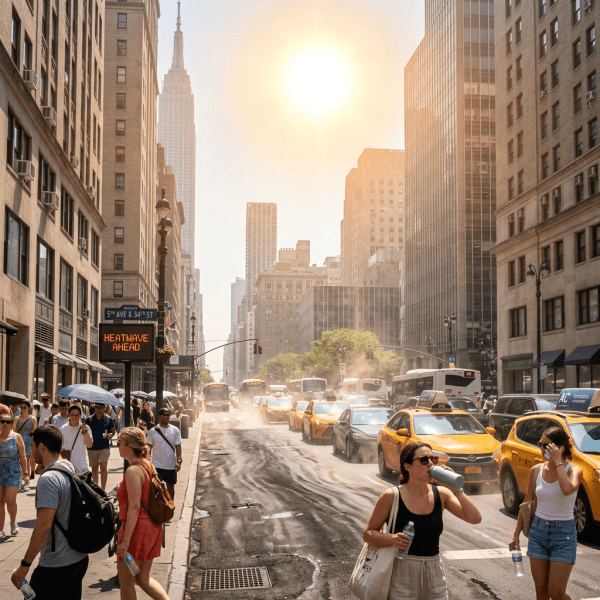 New York City street with pedestrians, yellow taxis, and sun warning sign during heatwave