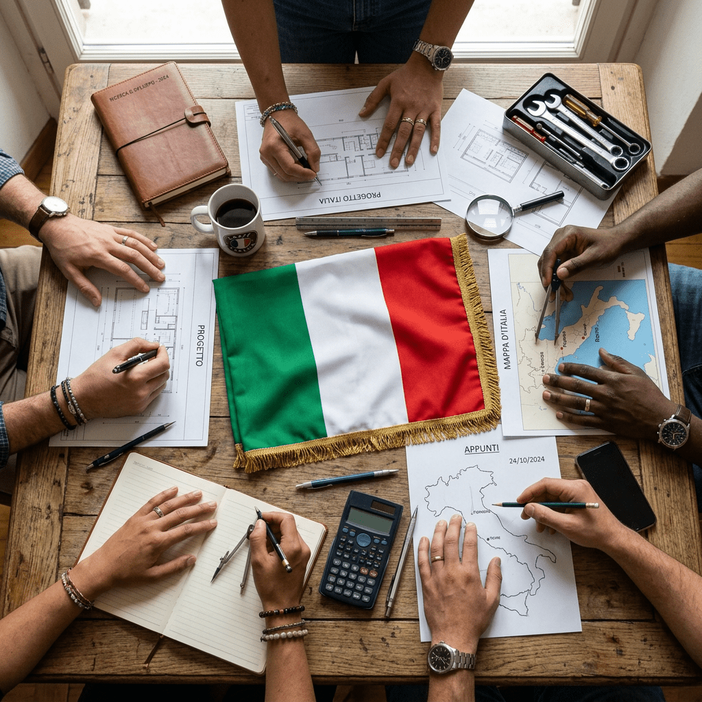 Hands working on architectural drawings and maps around an Italian flag on a wooden table