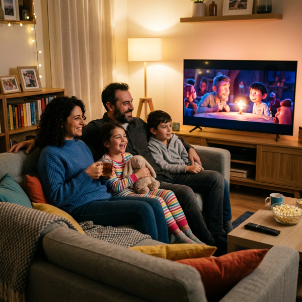Family of four sitting on a couch watching an animated movie on TV