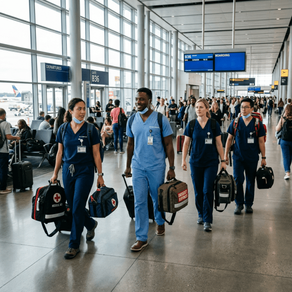 Four healthcare professionals in scrubs walking through an airport terminal with emergency medical bags