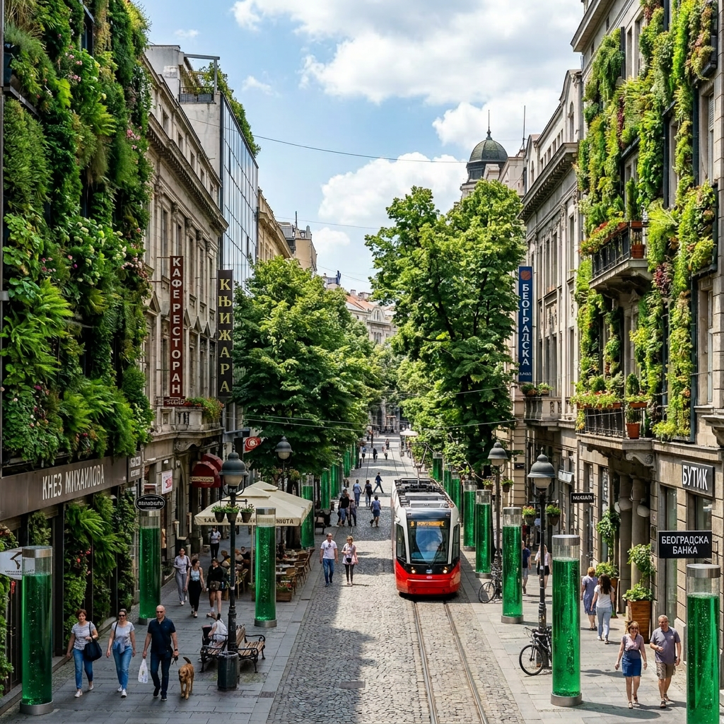 City street with red tram, pedestrians, and greenery on buildings