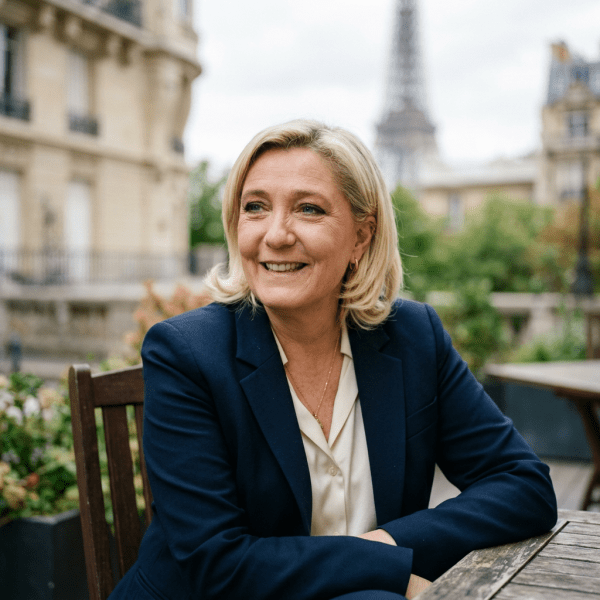 Smiling woman in navy blazer sitting at wooden table outdoors with Eiffel Tower behind