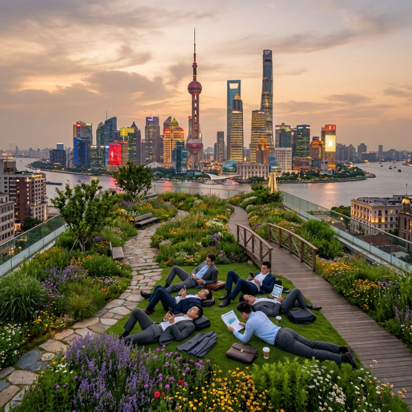Group of businessmen in suits on a rooftop garden with a city skyline and river at sunset