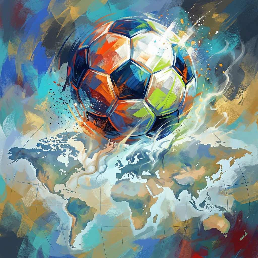 Vibrant soccer ball above a world map representing global soccer