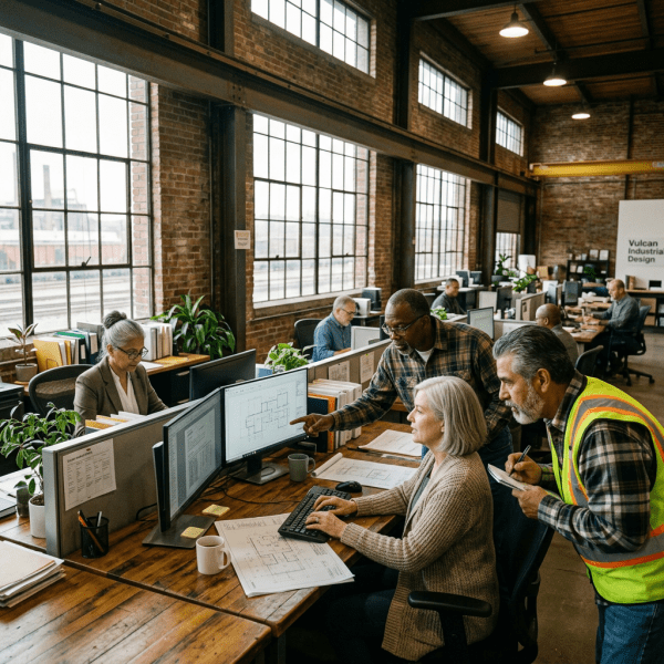 Team members reviewing architectural plans and computer designs in an industrial office