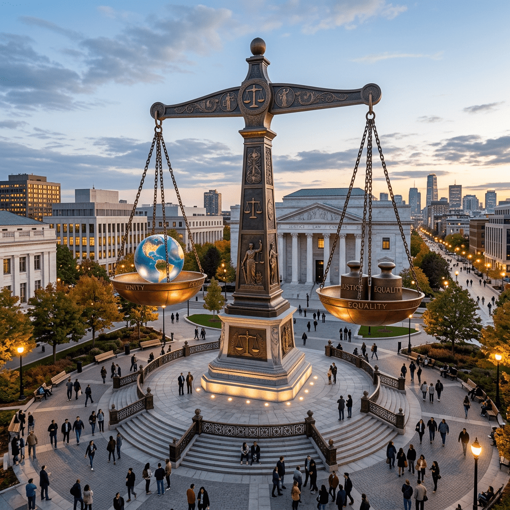 Ornate justice monument with scales, globe, UNITY, and EQUALITY before courthouse